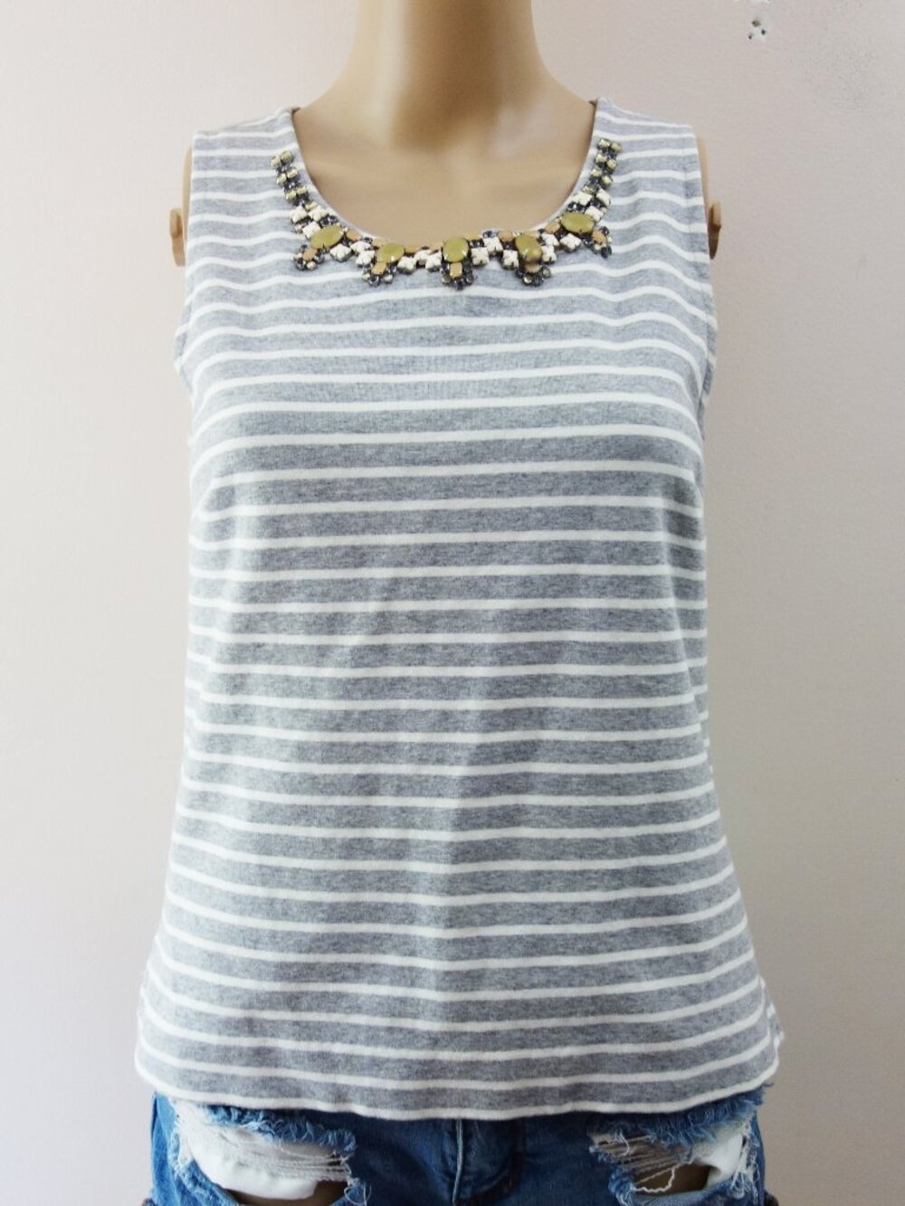 J. Crew Grey Stripes Jeweled Fitted Knit Tank (XS) NWOT!